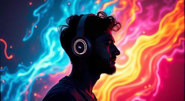 Photo young man enjoying music with colorful neon lights in the background during an evening setting