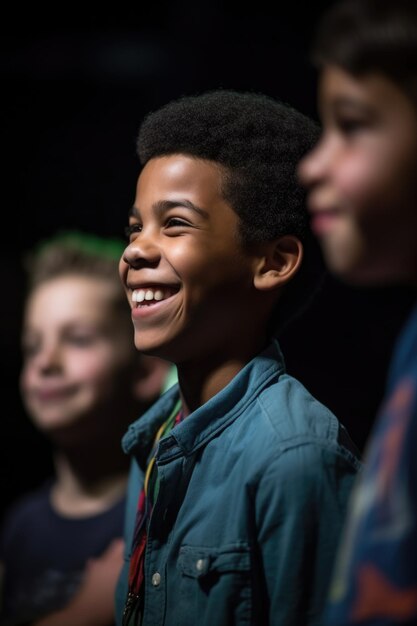 A young man enjoying a performance by his favorite band with some friends created with generative ai