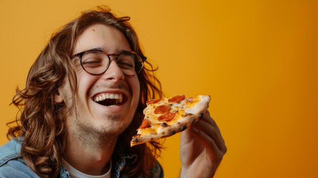 Photo young man enjoying pizza slice