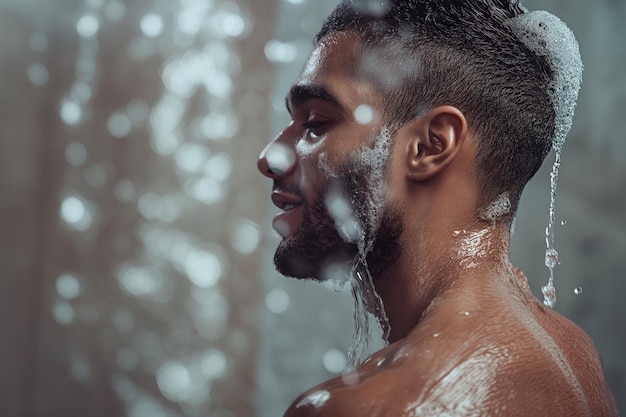 Young man enjoying a revitalizing shower with mintinfused body wash feeling refreshed