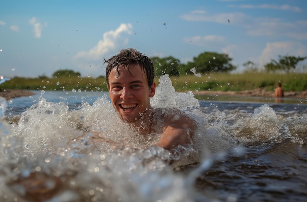 Young man enjoying water splashes