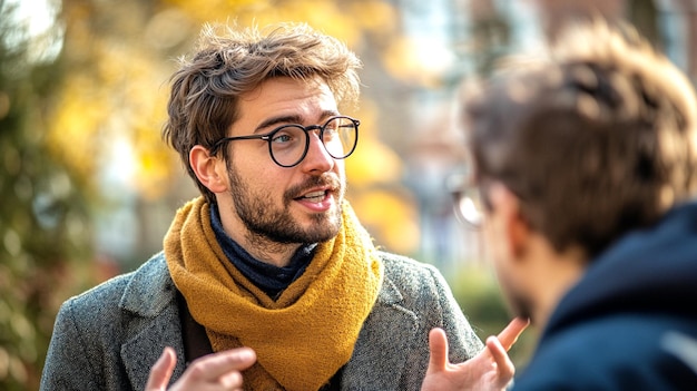 Photo young man explaining his vision to a colleague