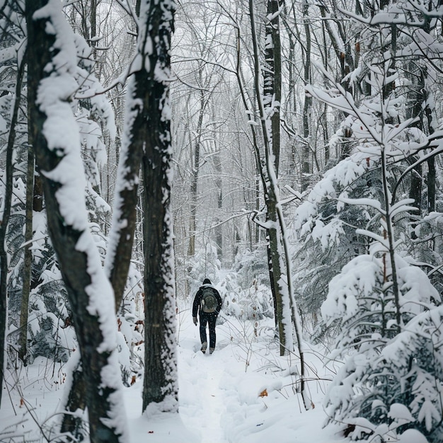 Young man exploring snowy woods