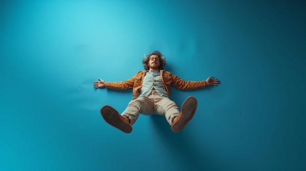 Photo young man falling down in midair against blue background