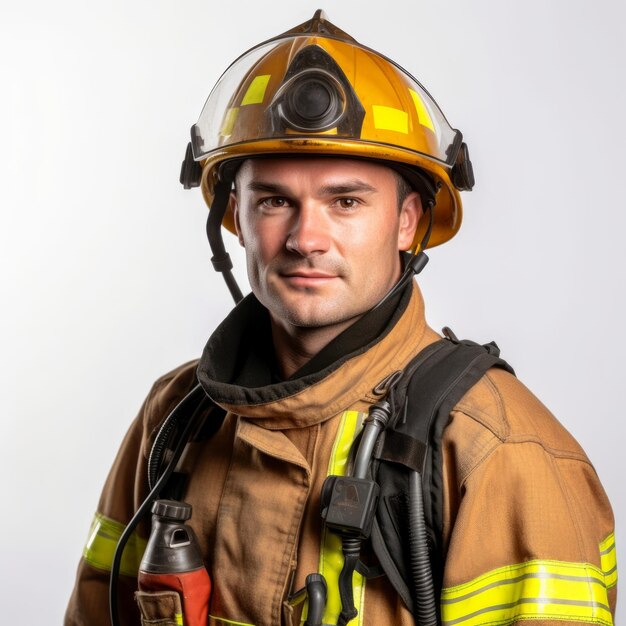 Young man in firefighter uniform and hardhat