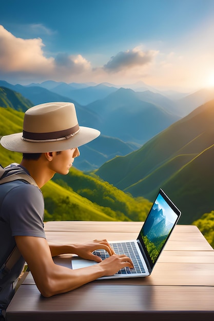 young man freelancer traveler wearing hat anywhere working online using laptop and enjoying mountain