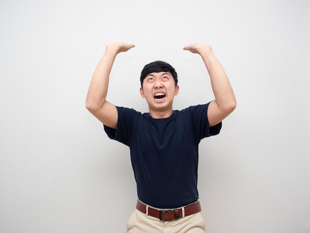 Young man gesture carry on head feel heavy isolated