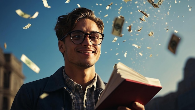 young man in glasses looking happy at notebook with dollars falling from the sky