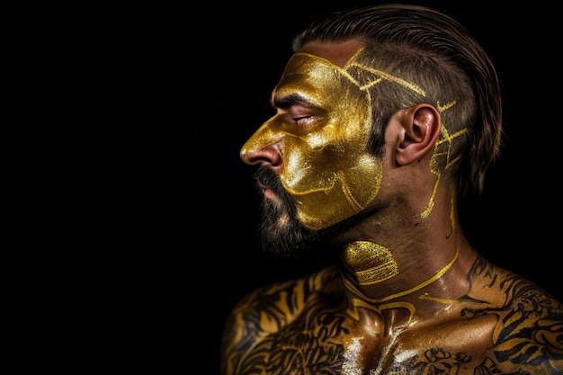 Young man in gold makeup on a black background