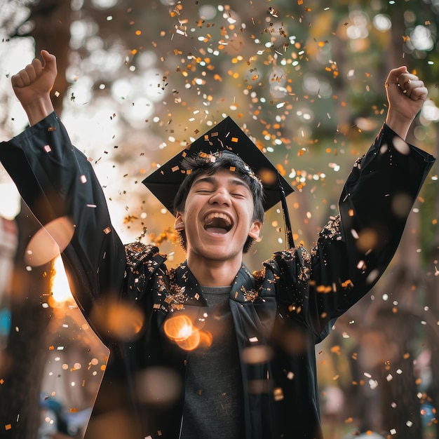 a young man in a graduation cap is celebrating with confetti