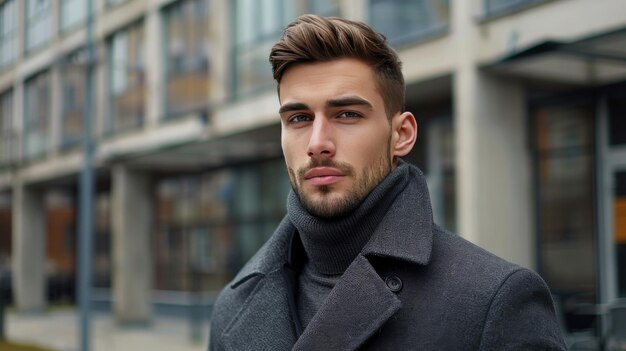 Young man in gray coat poses in urban setting during autumn