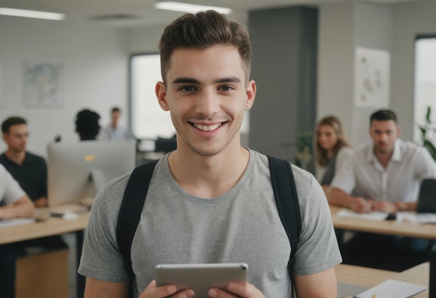 A young man in a grey shirt uses a digital tablet in an office his casual demeanor and friendly