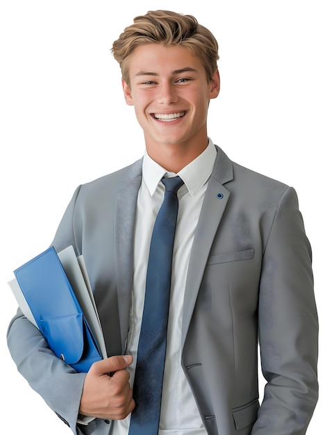 Photo a young man in a grey suit is holding a folder of documents