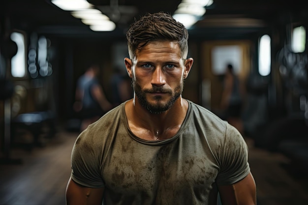 Young man in the gym workout with a rope showing strength and fitness