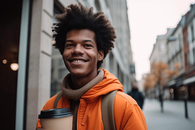 Young man has a coffee for breakfast on the street while he goes to work Ai generated