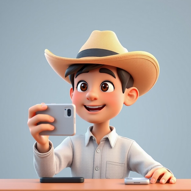 Young man in hat editing video 3d character illustration