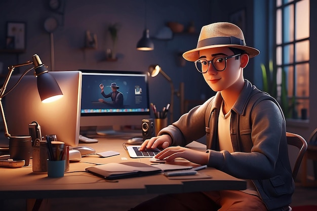 Young man in hat editing video 3d character illustration