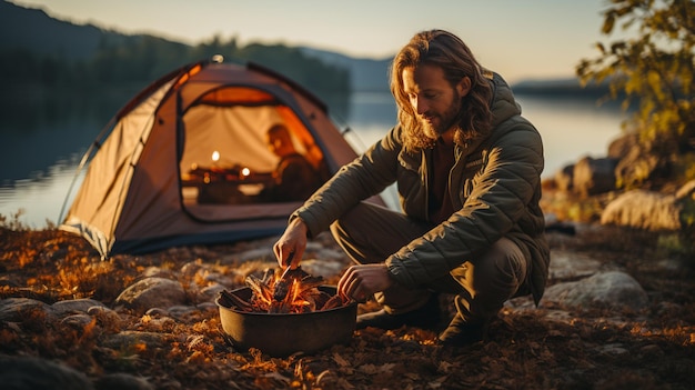 young man in hat sitting near campfire and drinking coffee in the lake