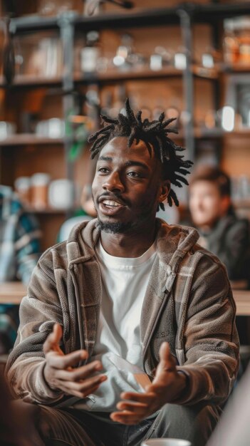 Young man having a conversation in a cafe