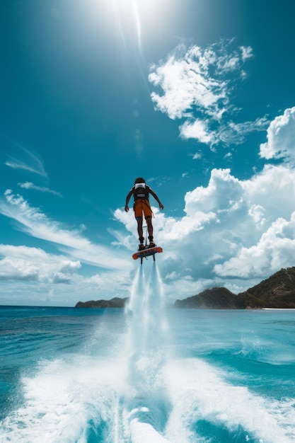 A young man having fun flyboarding on an exotic beach on a summer day