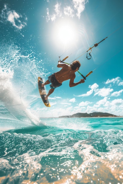 A young man having fun kitesurfing on an exotic beach on a summer day