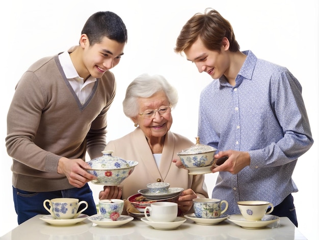 Photo a young man helping an aged couple organize their collection of antique china