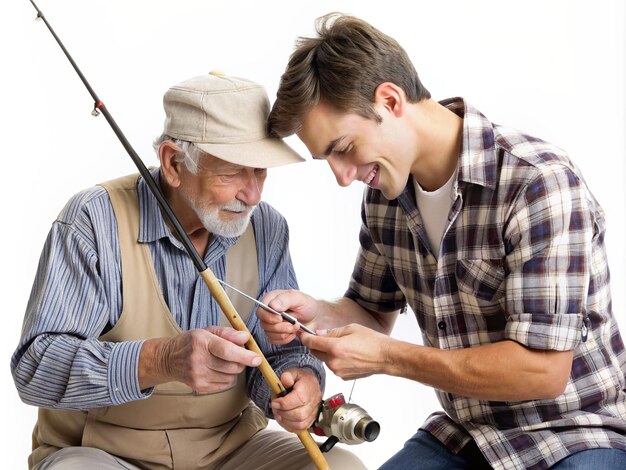 Photo a young man helping an aged man to repair his broken fishing rod