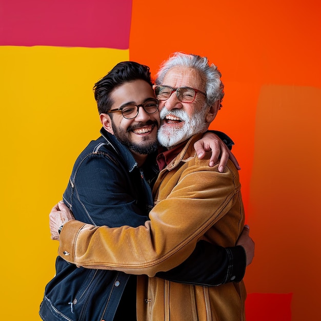 Young man and his father on color background