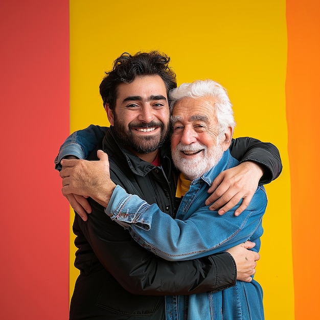 Young man and his father on color background