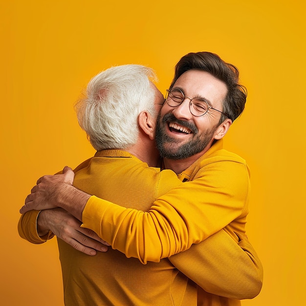 Young man and his father on color background