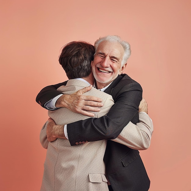 Young man and his father on color background