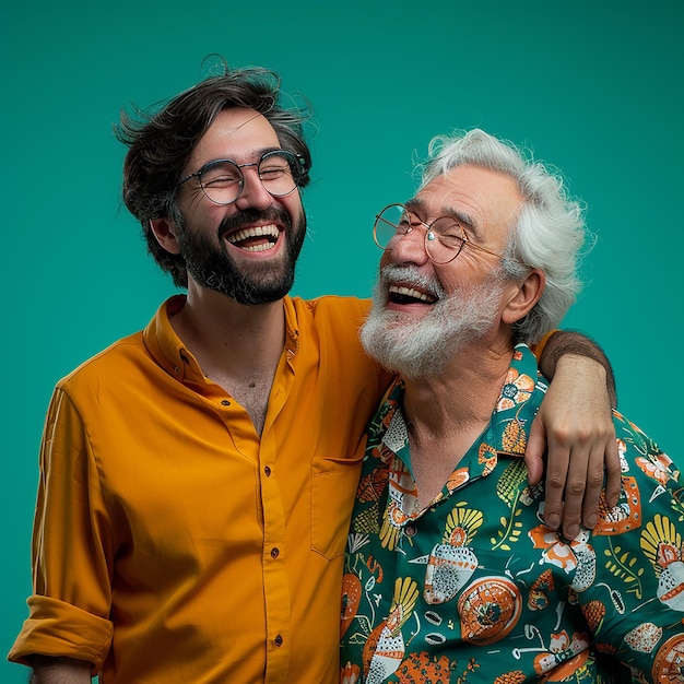 Young man and his father on color background