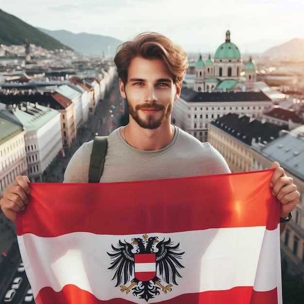 Young man holding the Austrian banner Austria freedom day