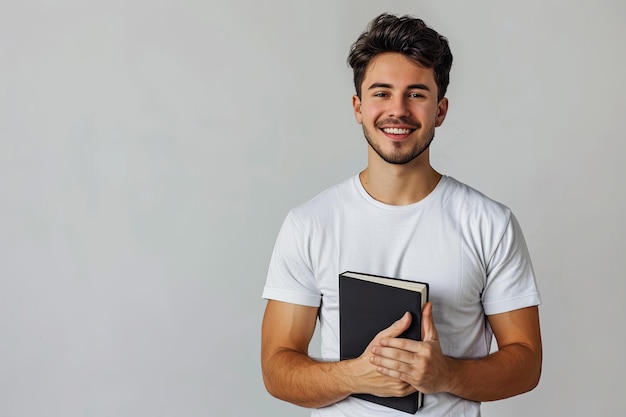 Young man holding book in white tshirt and looking cheerful front view