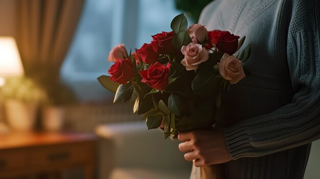 young man holding bouquet of red roses to propose her girlfriend at evening date