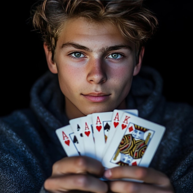 Photo a young man holding a card that says  playing cards