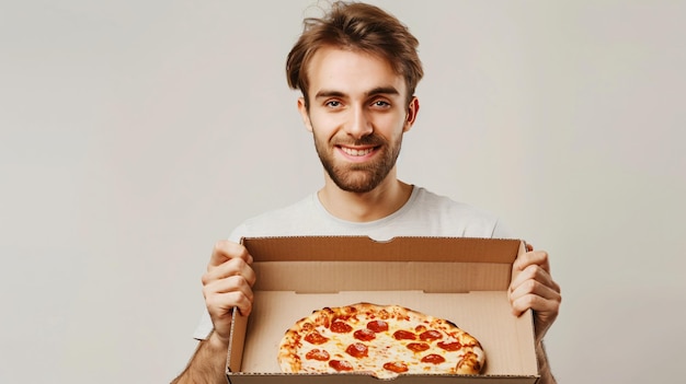 Young Man Holding Cardboard Box with Tasty Pizza