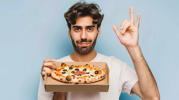 Young Man Holding Cardboard Box with Tasty Pizza