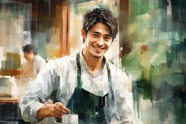 young man holding cup of coffee or matcha tea watercolor illustration