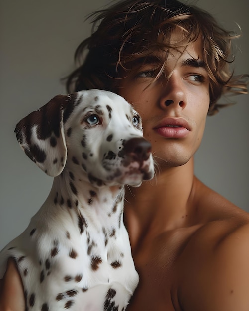 Photo young man holding a dalmatian puppy