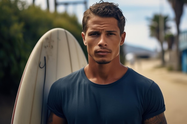 a young man holding his surfboard