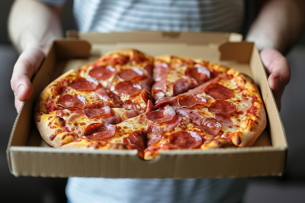 Young man holding italian pizza in cardboard box casual attire with copy space for text placement