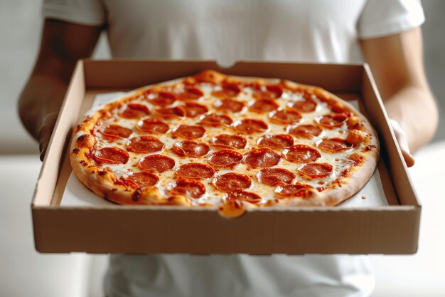 Young man holding italian pizza in cardboard flat box copy space for text casual clothes