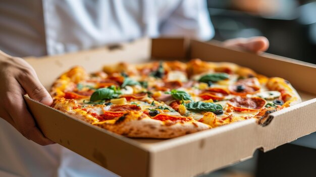 Young man holding italian pizza in cardboard flat box with copy space for text casual clothes