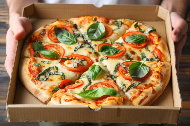 Young man holding italian pizza in cardboard flat box with copy space for text placement