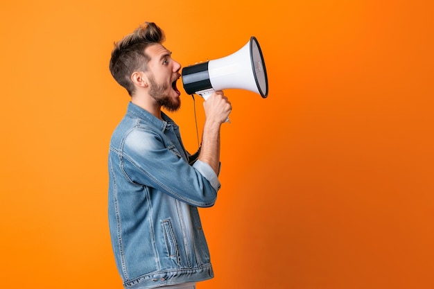 Young man holding megaphone against vibrant orange background Communication concept