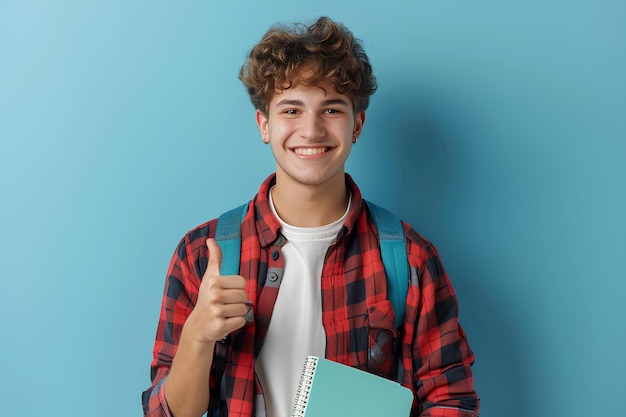 A young man holding a notebook and giving a thumbs up