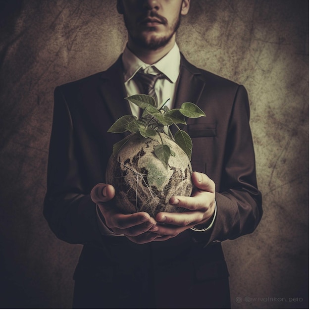 Young man holding planet earth with plant in hand Elements of this image are furnished by NASA