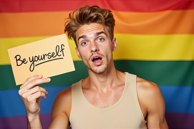 Photo a young man holding a sign with an empowering message stands in front of a rainbow flag promoting selfacceptance and individuality