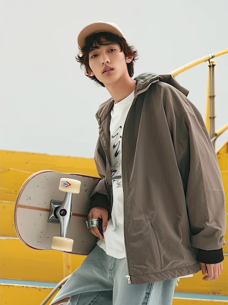 Photo a young man holding a skateboard with a skateboard in front of him